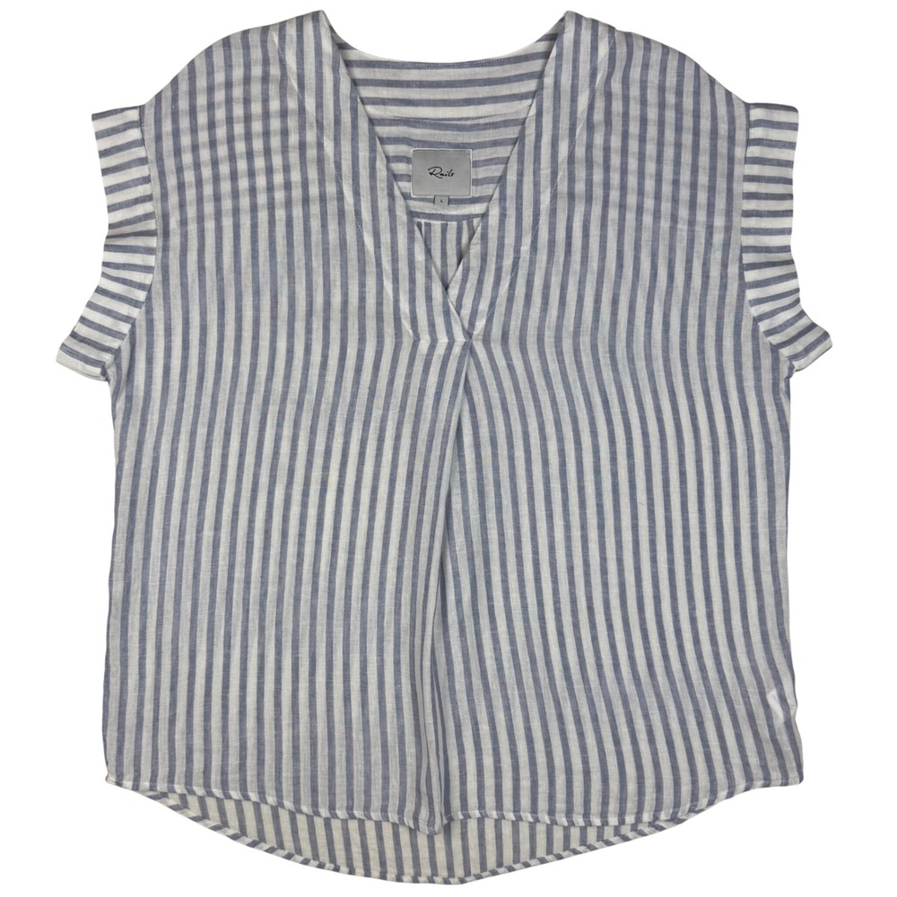 Rails Nala Linen Blend V-Neck Striped Blouse Women Large Blue Iris Stripe Resort